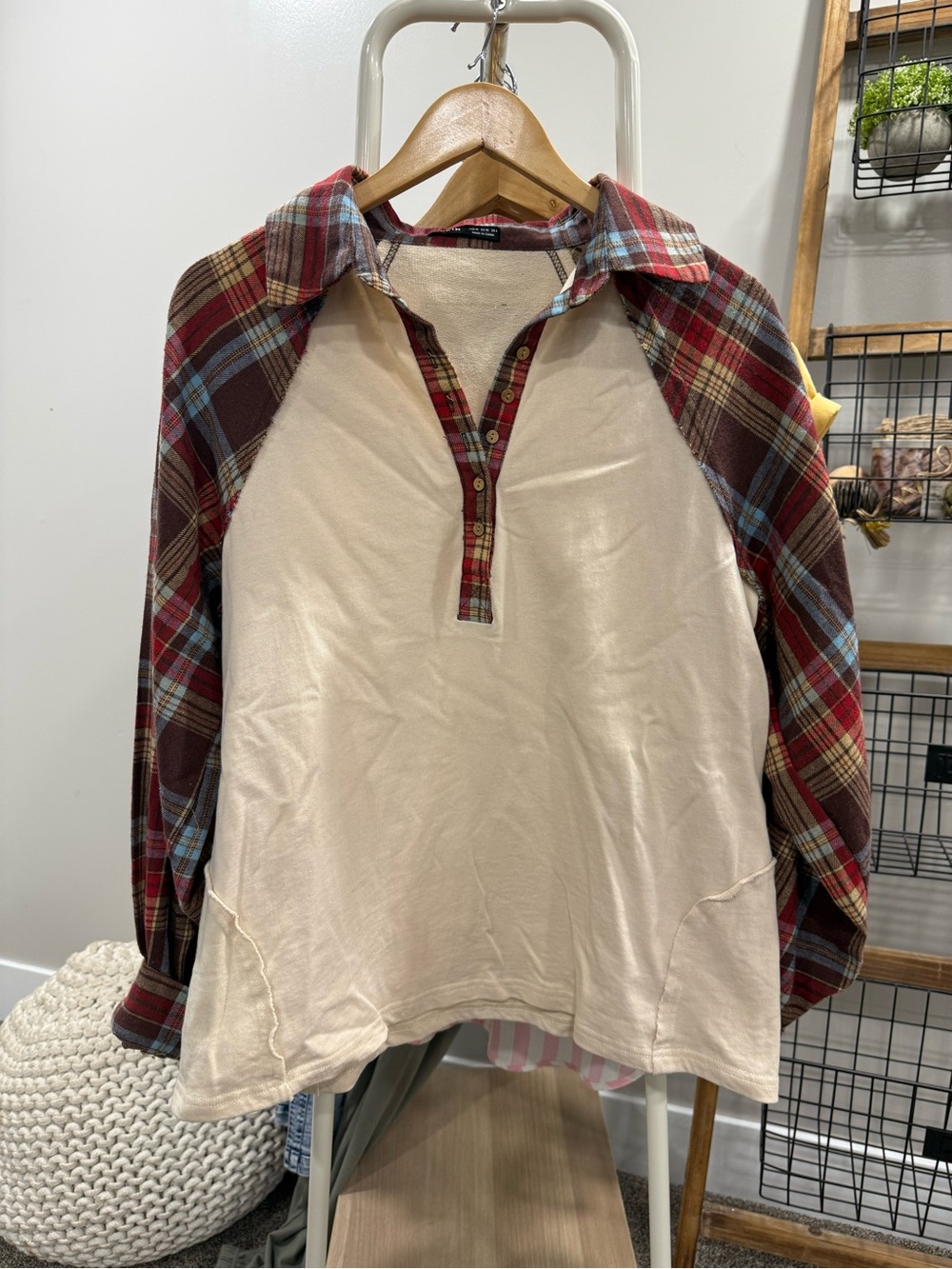 SHEIN Cream Pullover with Red & Brown Plaid Trim